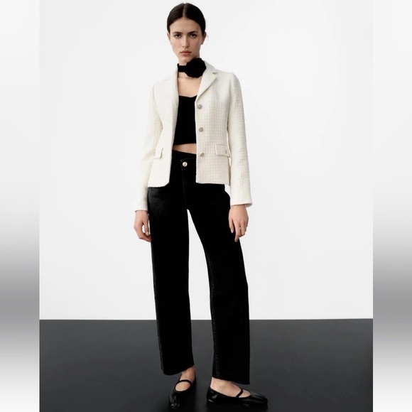 New! Zara Cream White Texture Jacket Blazer Tweed Boucle Rhinestone Buttons Sz L - Picture 4 of 16
